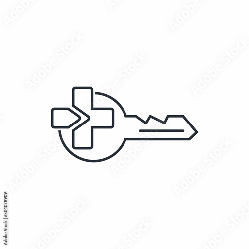 Plus sign and key. Additional features. Vector linear icon isolated on white background.