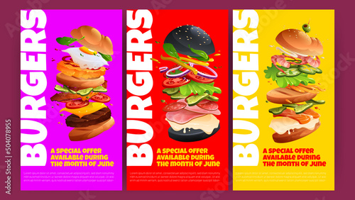 Burger special offer posters. Discount flyers for fast food restaurant. Vector vertical banners with cartoon illustration of flying hamburgers with buns, cheese, grill patty, tomato and egg