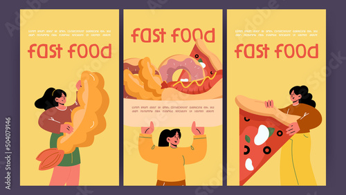 Fast food posters with girl holding big hot dog, pizza piece, donuts and tempura shrimp. Vector banners of fastfood restaurant or cafe with flat illustration of happy woman with snacks