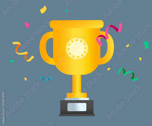 The winning trophy and confetti from firecracker illustration set. prize, gold, star, medal, award, laurel. Vector drawing. Hand drawn style.