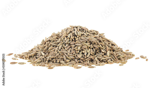 Heap of cumin seeds isolated on a white background, front view. Caraway seeds. photo