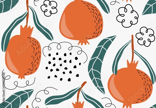 Seamless vector pattern with pomegranates and leaves