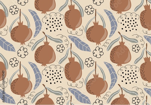 Seamless vector pattern with pomegranates and leaves