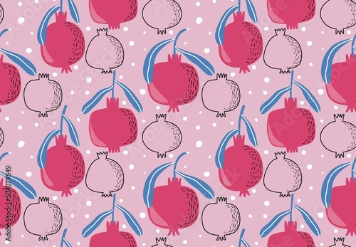 Seamless vector pattern with pomegranates and leaves