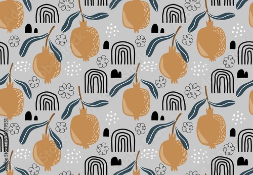 Seamless vector pattern with pomegranates and leaves
