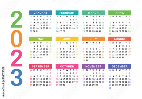 Calendar design 2023 year. English colorful vector wall or pocket calender template
