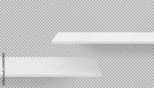 Long 3d empty blank wooden shelves mockup on transparent background with shadows. Template of book and magazine store organization for merchandising and marketing. Vector bookshelf