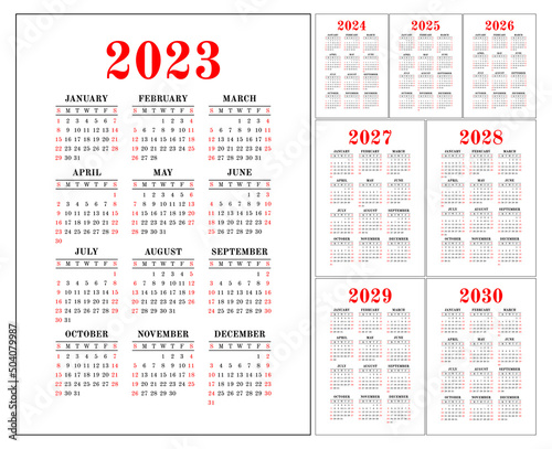 Calendar 2023, 2024 to 2030. Vector pocket calender design. Week starts on Sunday. January, February, March, April, May, June, July, August, September, October, November, December