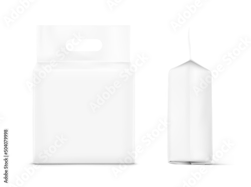 Stand bag with handle mockup. Vector illustration isolated on white background. Front and side view. Suite for the presentation of diaper, wet wipes, foods, household, etc. EPS10.	