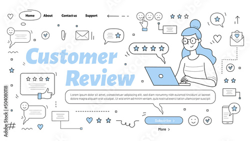 Customer review banner with girl puts feedback or write comment on laptop. Vector landing page of service rating, quality assessment with doodle illustration of woman client, stars and messages