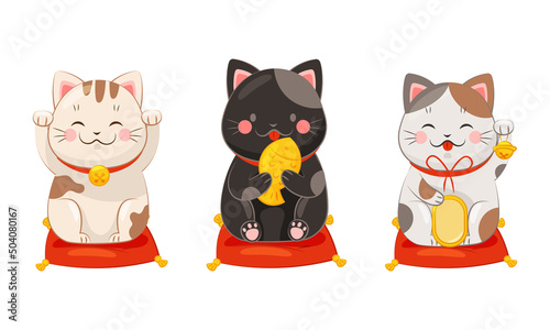 Set of Japanese lucky cat maneki neko. Traditional Japan culture black and white cat dolls vector illustration