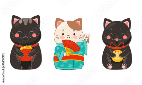 Japanese maneki neko cats set. Traditional Japan culture cat dolls vector illustration
