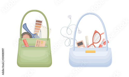 Handbag with Different Stuff and Female Accessories Inside Vector Set