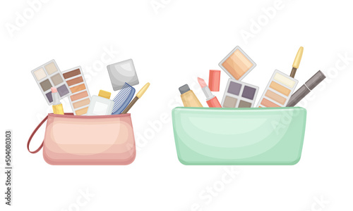 Handbag with Different Stuff and Female Accessories Inside Vector Set