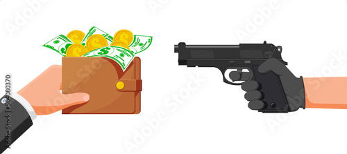 Bandit with Gun and Man with Wallet full of Money.