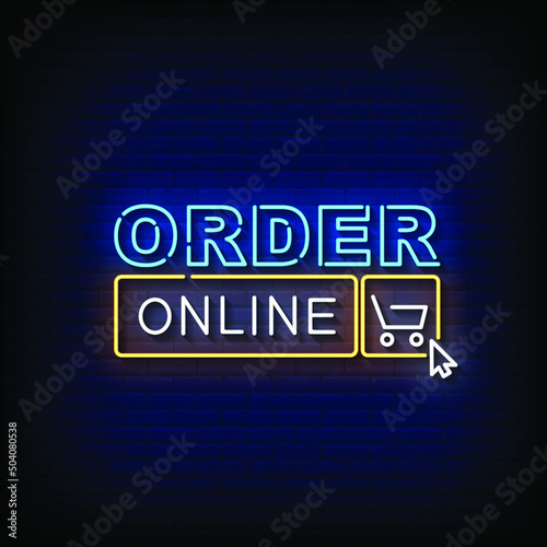 Order Online Neon Sign On Brick Wall Background Vector