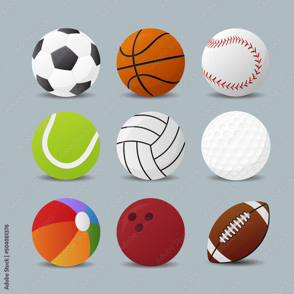 Vector-type sports-related soccer ball, basketball, volleyball, tennis ball, baseball, rugby ball, golf ball, bowling ball, beach volleyball