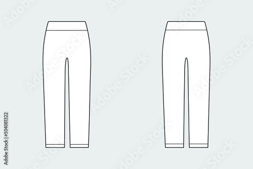 Woman leggings, trousers, pants vector template isolated on a grey background. Front and back view. Outline fashion technical sketch of clothes model.