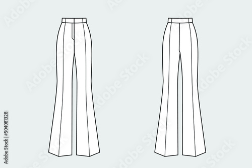 Woman flared trousers, pants vector template isolated on a grey background. Front and back view. Outline fashion technical sketch of clothes model.