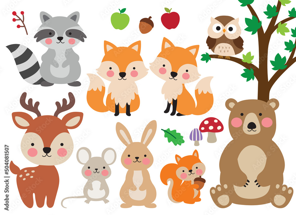 Cute woodland forest animals vector illustration including a bear, foxes, deer, raccoon, rabbit, rat, squirrel, and owl. - obrazy, fototapety, plakaty 