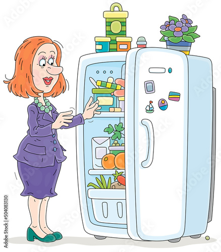 Young red-headed woman opening a home fridge full of tasty foods, vector cartoon illustration isolated on a white background