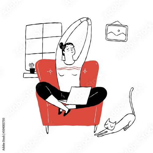 The pretty woman work at home with tablet stretch oneself on afternoon