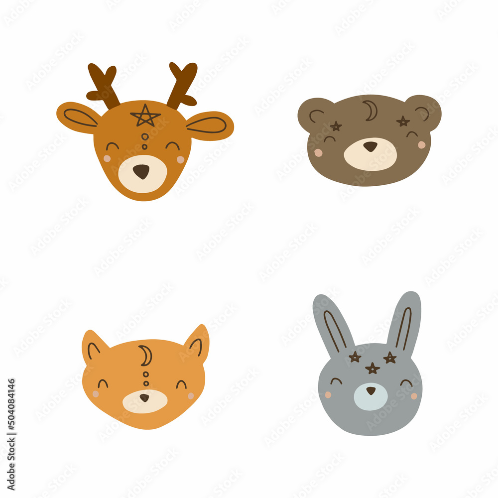 Fototapeta premium Set with cute faces of Scandinavian animals for textiles, nursery decoration. Vector illustration isolated on white background