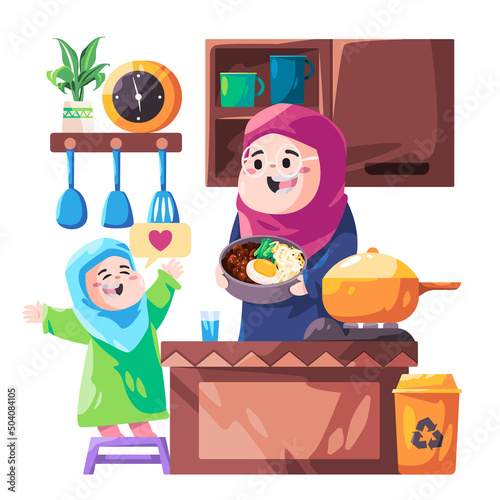 Kids girl helping mom coking dished in kitchen children illustration of group together colorful hand drawing