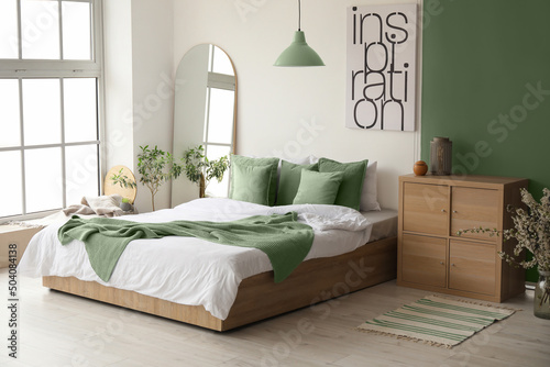 Fotografie, Obraz Interior of stylish room with big bed and mirror