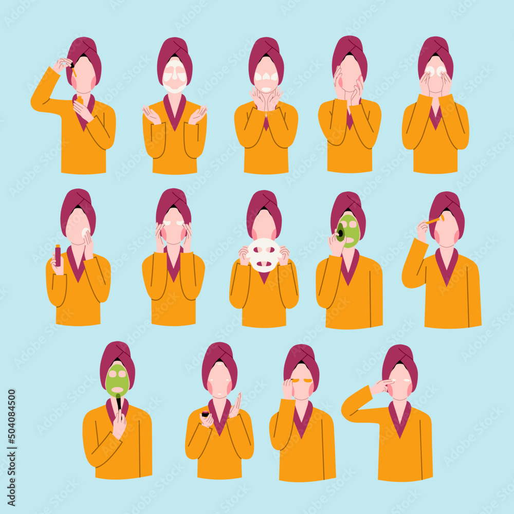 Set of woman character doing skincare routine Set of woman character doing skincare routine