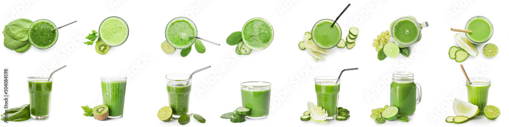 Set of healthy green juices on white background - obrazy, fototapety, plakaty 