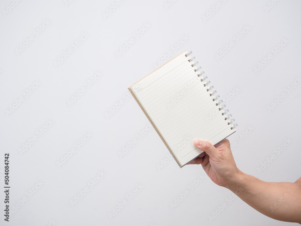 Man hand holding notebook blank page isolated Man hand holding notebook blank page isolated