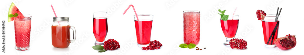 Set of tasty pomegranate and watermelon juices on white background Set of tasty pomegranate and watermelon juices on white background