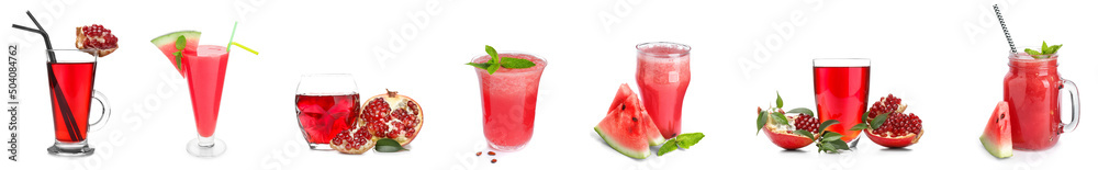 Set of glasses with tasty pomegranate and watermelon juices on white background - obrazy, fototapety, plakaty 