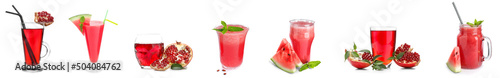 Set of glasses with tasty pomegranate and watermelon juices on white background