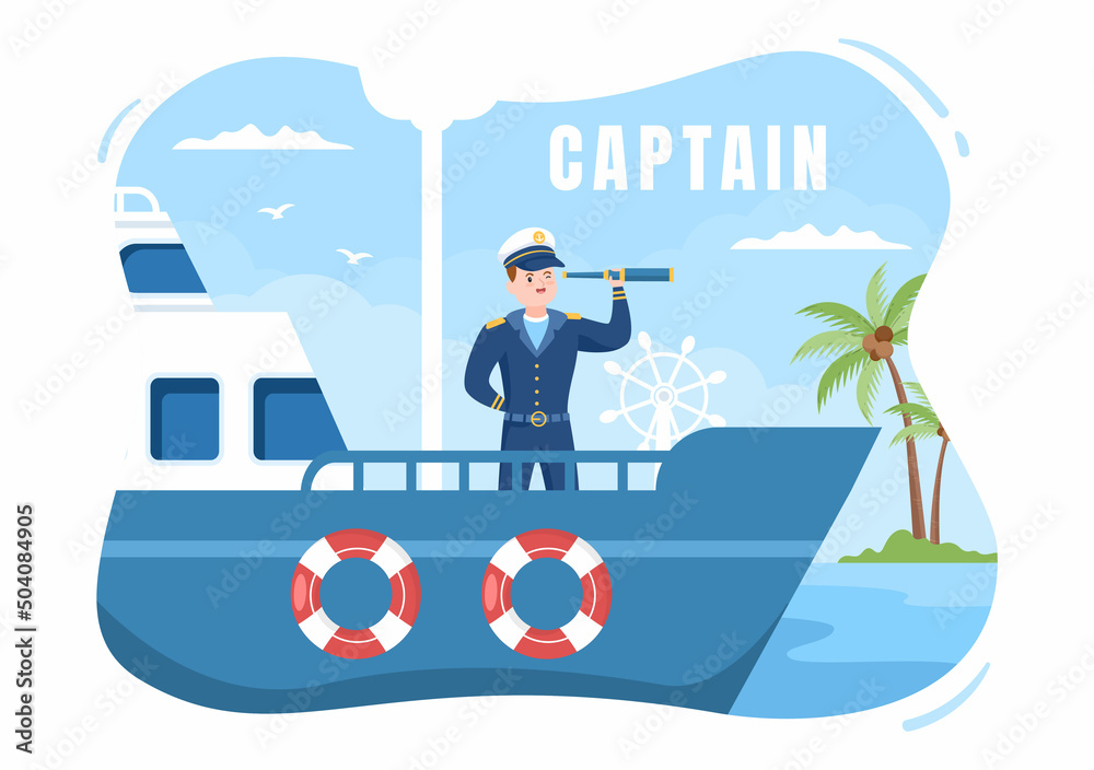 Man Cruise Ship Captain Cartoon Illustration in Sailor Uniform Riding a ...