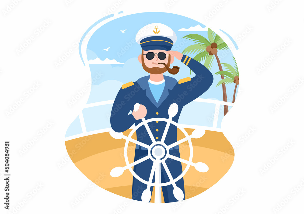 Man Cruise Ship Captain Cartoon Illustration in Sailor Uniform Riding a Ships, Looking with Binoculars or Standing on the Harbor in Flat Design - obrazy, fototapety, plakaty 