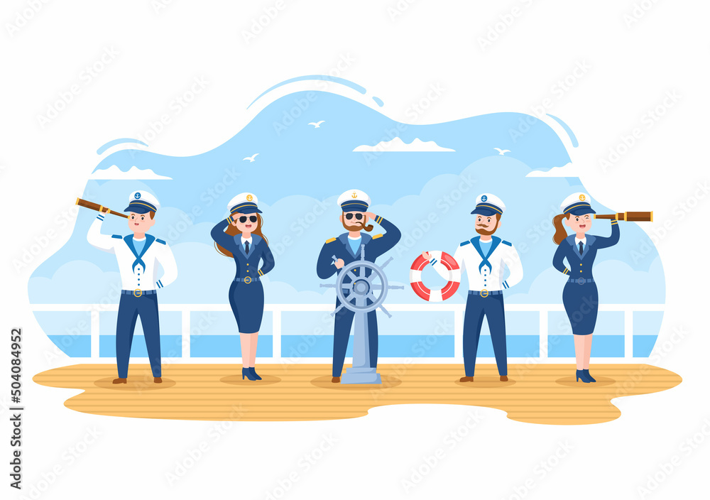 Cruise Ship Captain Cartoon Illustration in Sailor Uniform Riding a Ships, Looking with Binoculars or Standing on the Harbor in Flat Design