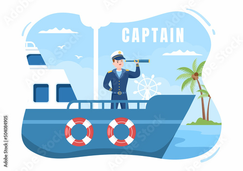 Man Cruise Ship Captain Cartoon Illustration in Sailor Uniform Riding a Ships, Looking with Binoculars or Standing on the Harbor in Flat Design