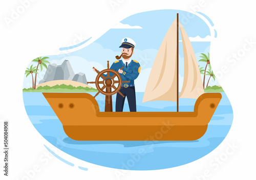 Man Cruise Ship Captain Cartoon Illustration in Sailor Uniform Riding a Ships, Looking with Binoculars or Standing on the Harbor in Flat Design © denayune