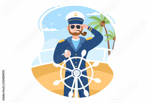 Man Cruise Ship Captain Cartoon Illustration in Sailor Uniform Riding a Ships, Looking with Binoculars or Standing on the Harbor in Flat Design