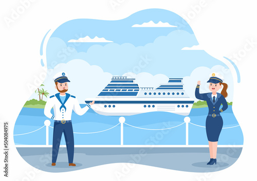 Cruise Ship Captain Cartoon Illustration in Sailor Uniform Riding a Ships, Looking with Binoculars or Standing on the Harbor in Flat Design