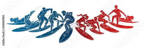 Group of Surfer Action People Surfing Sport Players Cartoon Graphic Vector