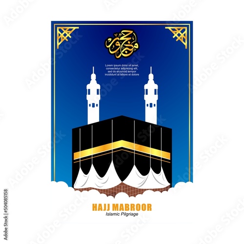 vector, illustration of Kaaba and minarets with gold stripes set above the clouds on a blue background and complemented by gold frames are great for hajj and eid al adha themed designs
