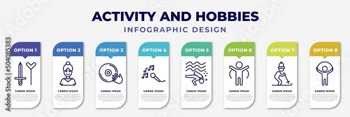 infographic template with icons and 8 options or steps. infographic for activity and hobbies concept. included cosplaying, ballerina, disc jockey, sing, diving, warming up, skiing, jump rope