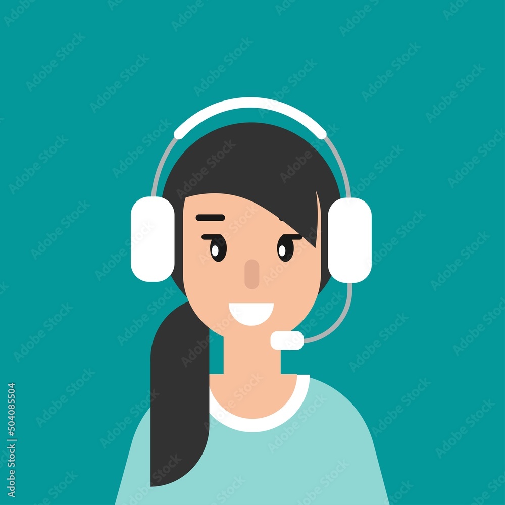 Happy female operator with headphones and microphone in blue circle. Happy female operator with headphones and microphone in blue circle.