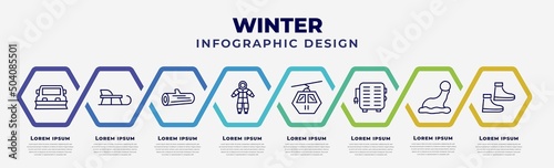 vector infographic design template with icons and 8 options or steps. infographic for winter concept. included snowplow, sledge, logs, snowsuit, cable car cabin, electric heater, winter cap,