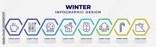 vector infographic design template with icons and 8 options or steps. infographic for winter concept. included hot drink, ski equiptment, snow globe, winter cabin, anorak vest, winter clothes, candy