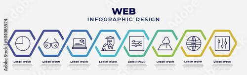 vector infographic design template with icons and 8 options or steps. infographic for web concept. included circular graphic, circular glasses, looking for students, newscaster, on slider, land,