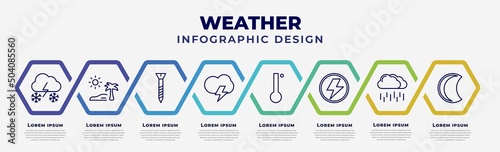 vector infographic design template with icons and 8 options or steps. infographic for weather concept. included snow storms, subtropical climate, bolt, stormy, degree, light bolt, steady rain,